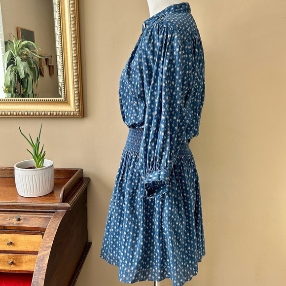 Rebecca Taylor Long Sleeve Ikat Shirtdress Indigo Blue Puff Sleeve Smocked Sz S - Picture 6 of 16